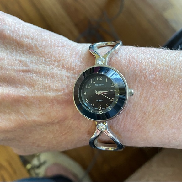 Geneva Hinged Cuff Bracelet Watch Stainless Black Face - Picture 4 of 9